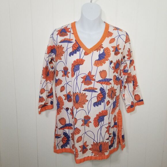 Gretchen Scott Floral Print Tunic Top Cotton White Blue Orange Size Small - Picture 1 of 8